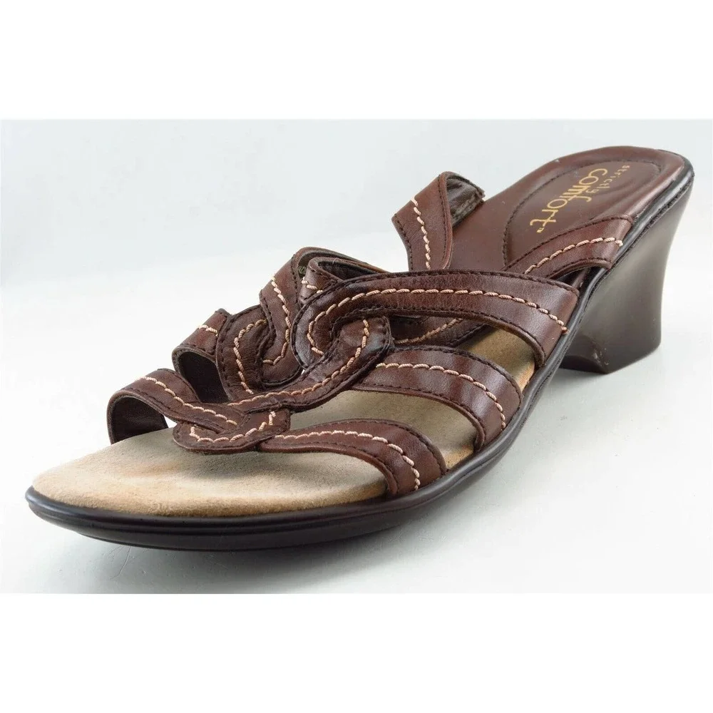 Strictly Comfort Slide Brown Leather Women Sandal Shoes Sz 9 M‎